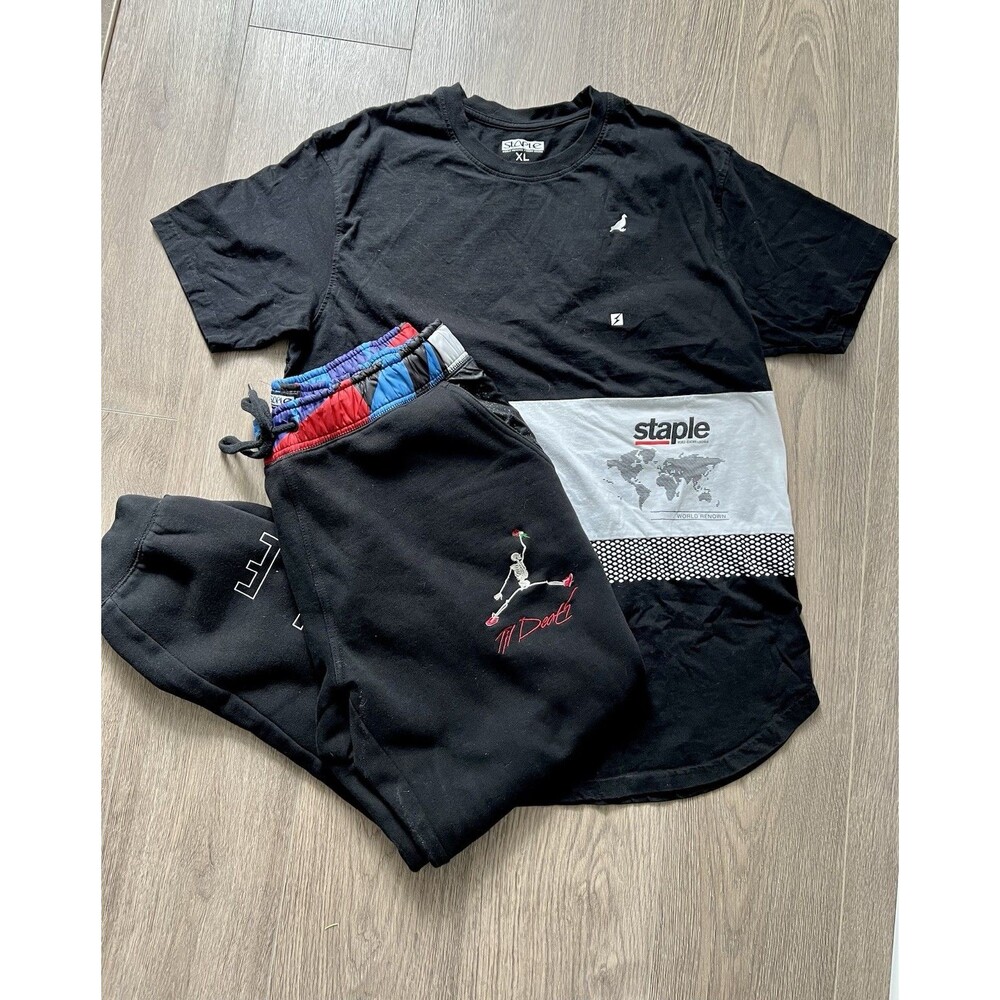STAPLE PIGEON LOT Streetwear Big Tag Black Graphic T-SHIRT Till Death PANT Sz XL